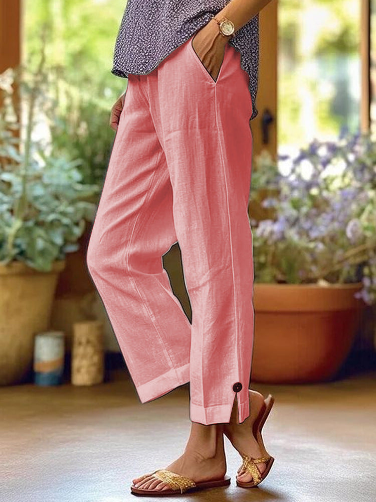 Damen Leinenhose mit lockerer, knöchellanger Passform, seitlichen Eingrifftaschen und Zierknopf-Details – Avélisse