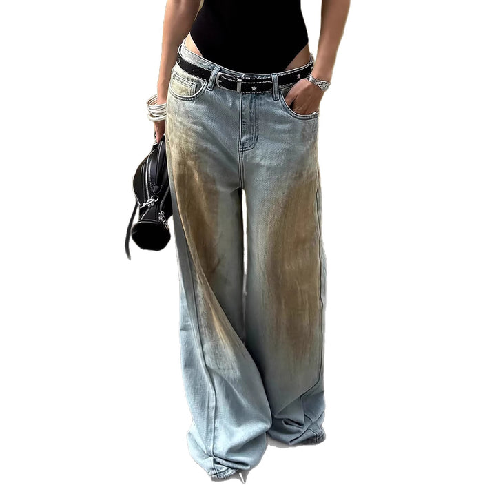 Damen Extraweite Jeanshose mit tiefem Bund, weitem Schlag und Used-Waschung – Dénora