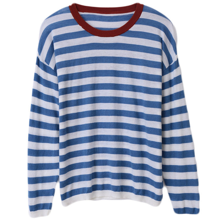 Damen Maritim-inspiriertes gestreiftes Feinstrick-Shirt mit weitem Boot-Ausschnitt und Kontrastkante Echoarchiv