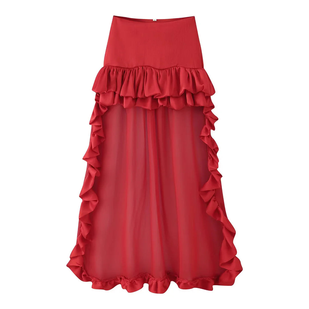 Damen Maxirock mit hoher Taille, mehrlagigen Volants und transparentem Tüll-Overlay – Valéora