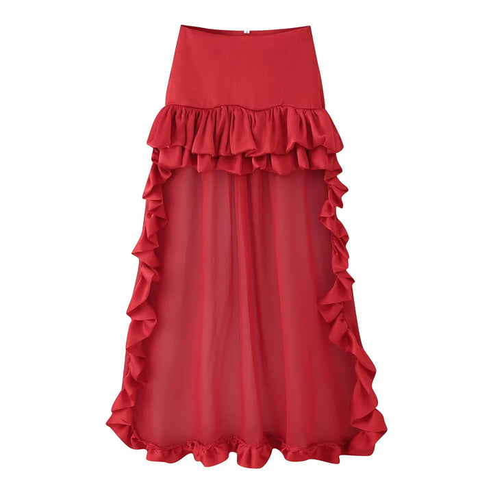 Damen Maxirock mit hoher Taille, mehrlagigen Volants und transparentem Tüll-Overlay – Valéora