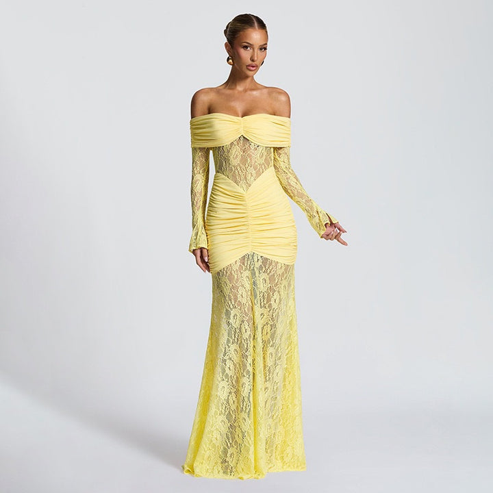 Damen Elegantes Langarm-Spitzenkleid mit Raffungen und schulterfreiem Design Echo Archiv