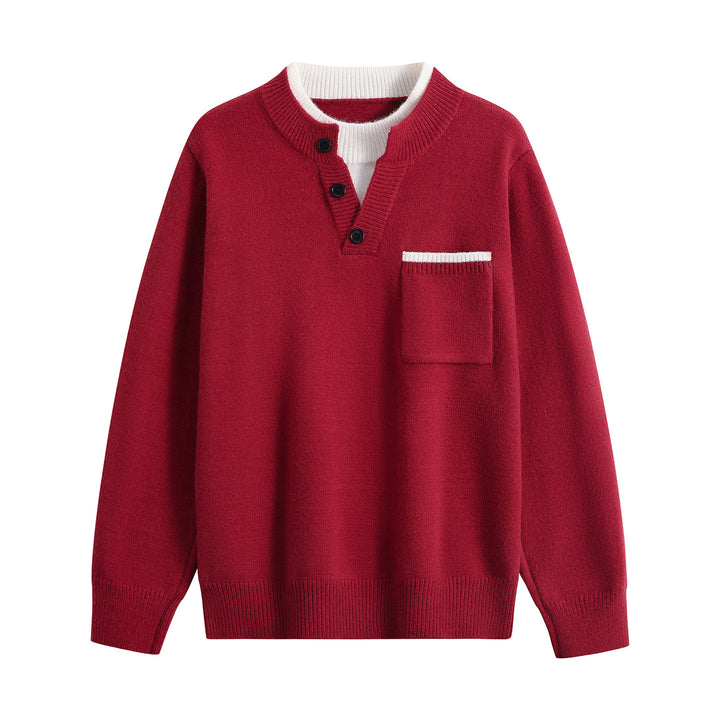 Herren Feinstrick-Henley-Pullover mit Knopfleiste, Brusttasche & Kontrastkragen Echoarchiv