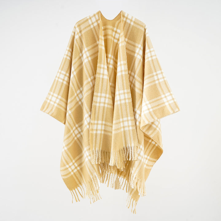 Damen Karierter Wollmix-Überwurf im Kimono‑Cape mit offener Front und Fransen Echo Archiv