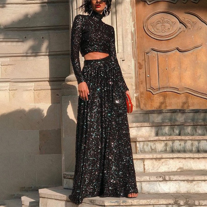Damen nan zweiteiliges Pailletten-Abendset mit hochgeschlossenem Crop-Top und fließendem Maxirock Echo Archiv