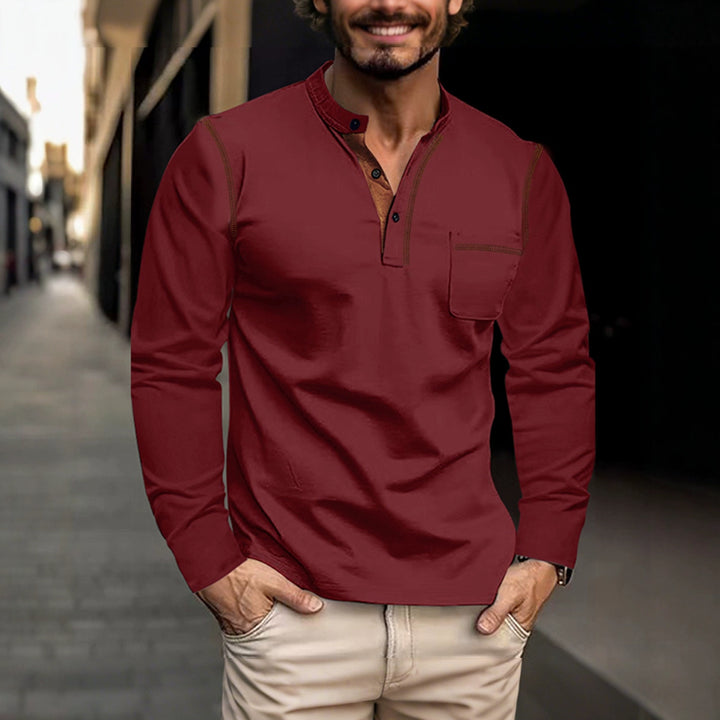 Herren nan legeres Langarm-Henleyshirt mit Stehkragen Knopfleiste und Brusttasche Echo Archiv