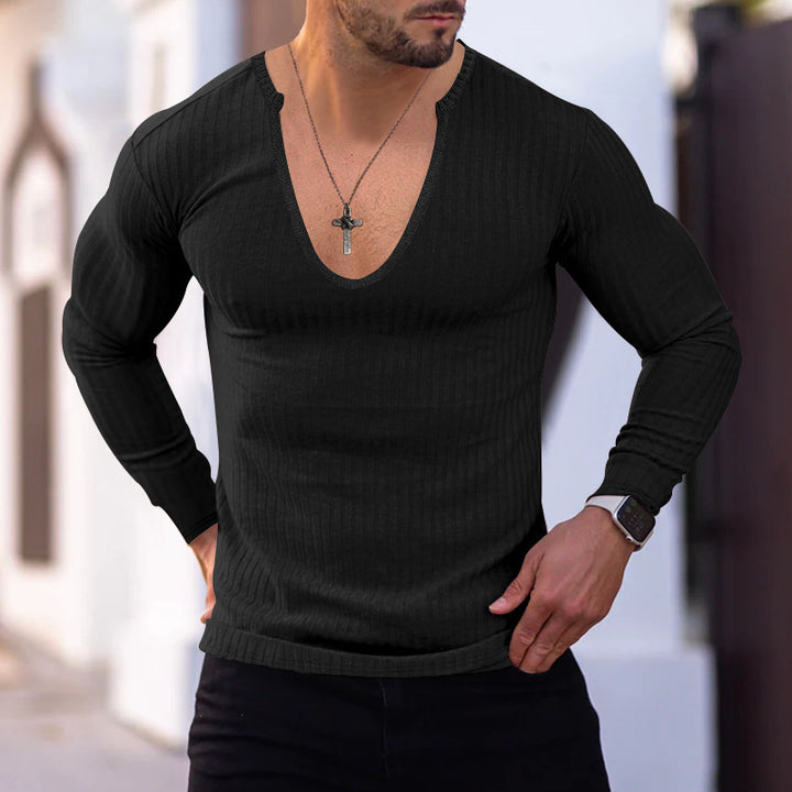 Herren langarm V-Ausschnitt Shirt mit strukturiertem Design Echoarchiv