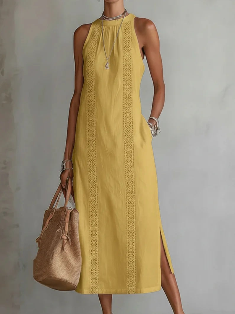 Damen Elegantes Sommer-Maxi-Kleid mit Spitzenapplikation und seitlichem Schlitz Echo Archiv