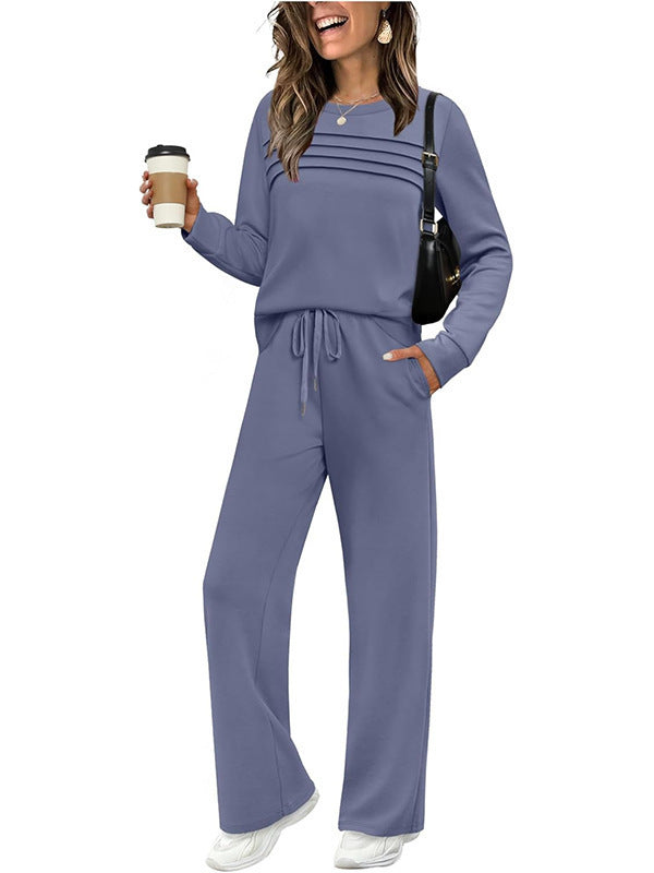Damen Zweiteiliges Lounge-Set mit Plissee-Detail, Rundhals-Sweatshirt und weitem Kordel-Hose – Élanora