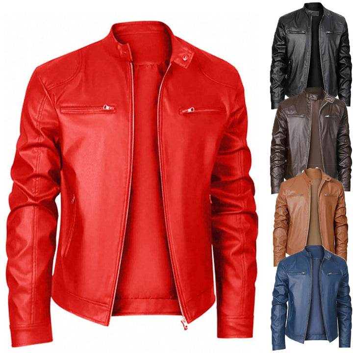 Herren nan schlanke Kunstleder-Bikerjacke mit Stehkragen, durchgehendem Reißverschluss und zwei Brusttaschen Echo Archiv
