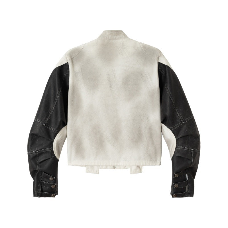 Unisex Kurz geschnittene Boxy‑Bikerjacke im Vintage‑Lederlook mit grafischem Skull‑Print und Stehkragen Echoarchiv