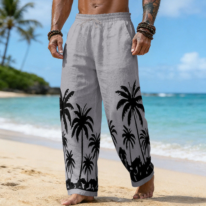 Herren Lässige weite Leinenhose mit elastischem Bund und tonalem Palmenprint – Sorevano