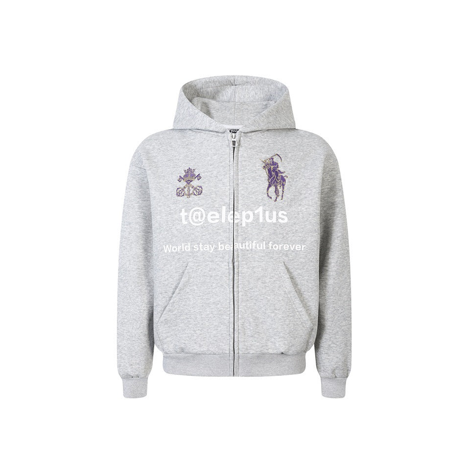 Unisex Kapuzen‑Zipjacke mit gestickten Wappen und Frontprint Echoarchiv