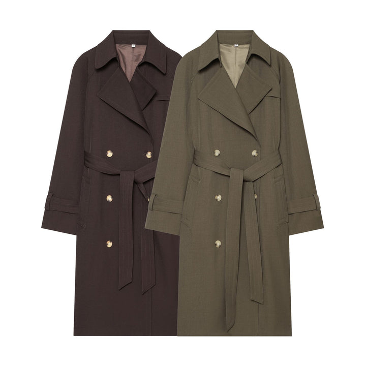 Damen eleganter Utility-Trench mit breitem Revers, Bindegürtel und aufgesetzten Pattentaschen – Avérine