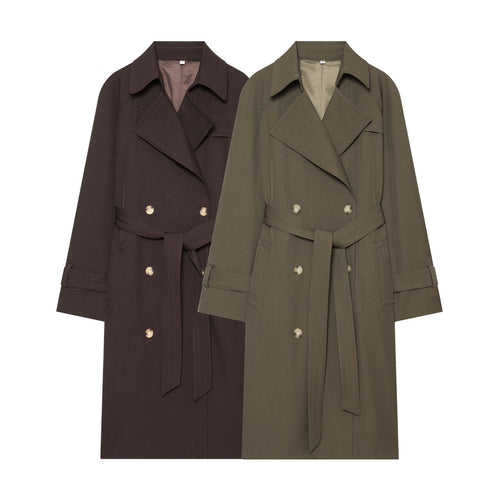 Damen eleganter Utility-Trench mit breitem Revers, Bindegürtel und aufgesetzten Pattentaschen – Avérine