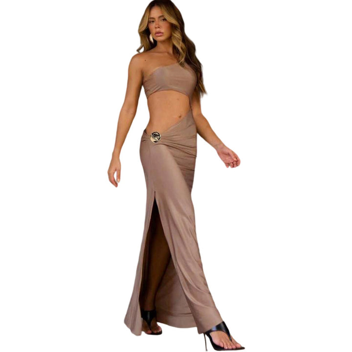 Damen Elegantes asymmetrisches Maxikleid mit Drapierung und dekorativem Detail Echo Archiv