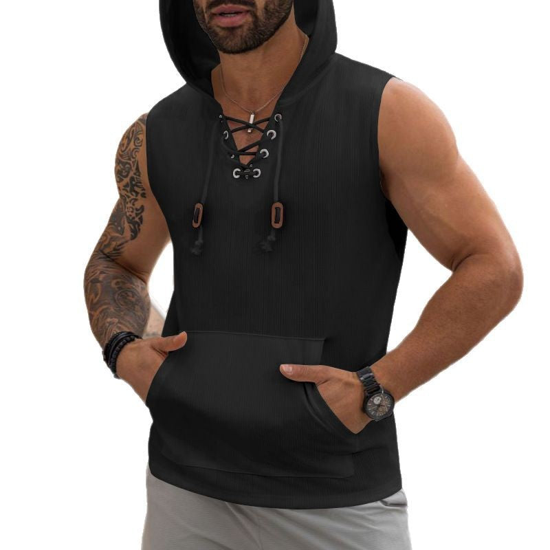 Herren ärmelloses Kapuzenshirt mit modischem Schnürdesign Echoarchiv