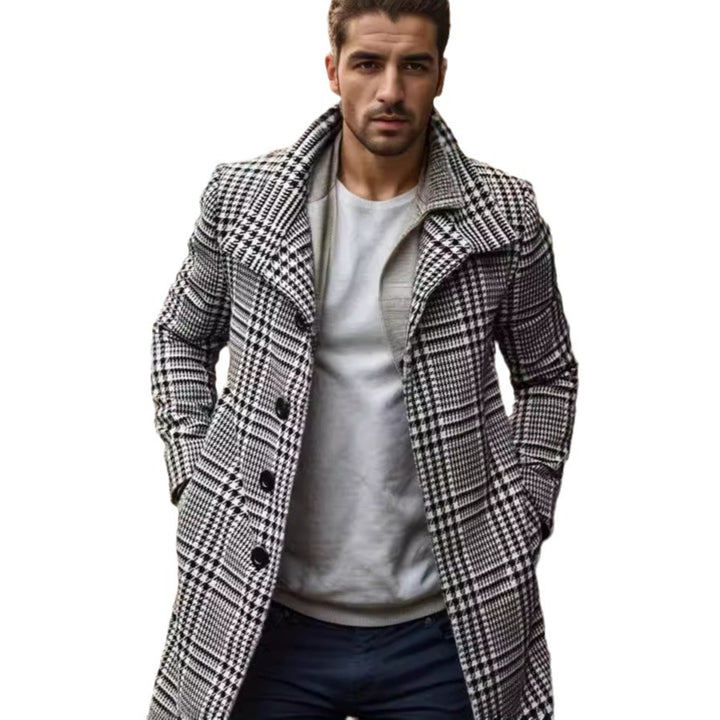 Herren eleganter Karomantel mit großflächigen Taschen und hohem Kragen Echoarchiv
