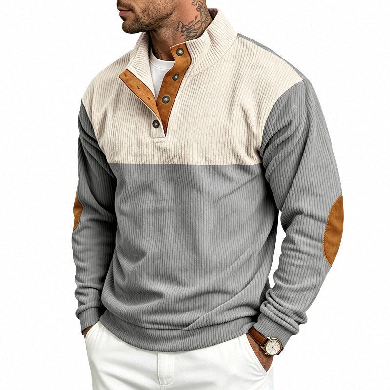 Herren Gerippter Stehkragen-Pullover mit Knopfleiste, Kontrastblende und Ellbogen-Patches Echoarchiv