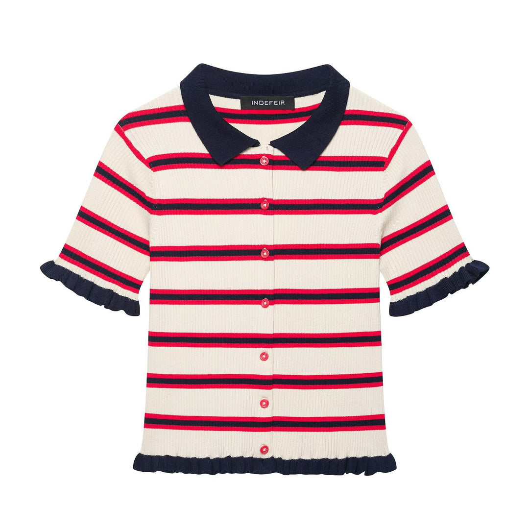 Damen Kurzärmelige Feinstrick-Cardigan mit Polokragen und Volantbündchen Echo Archiv