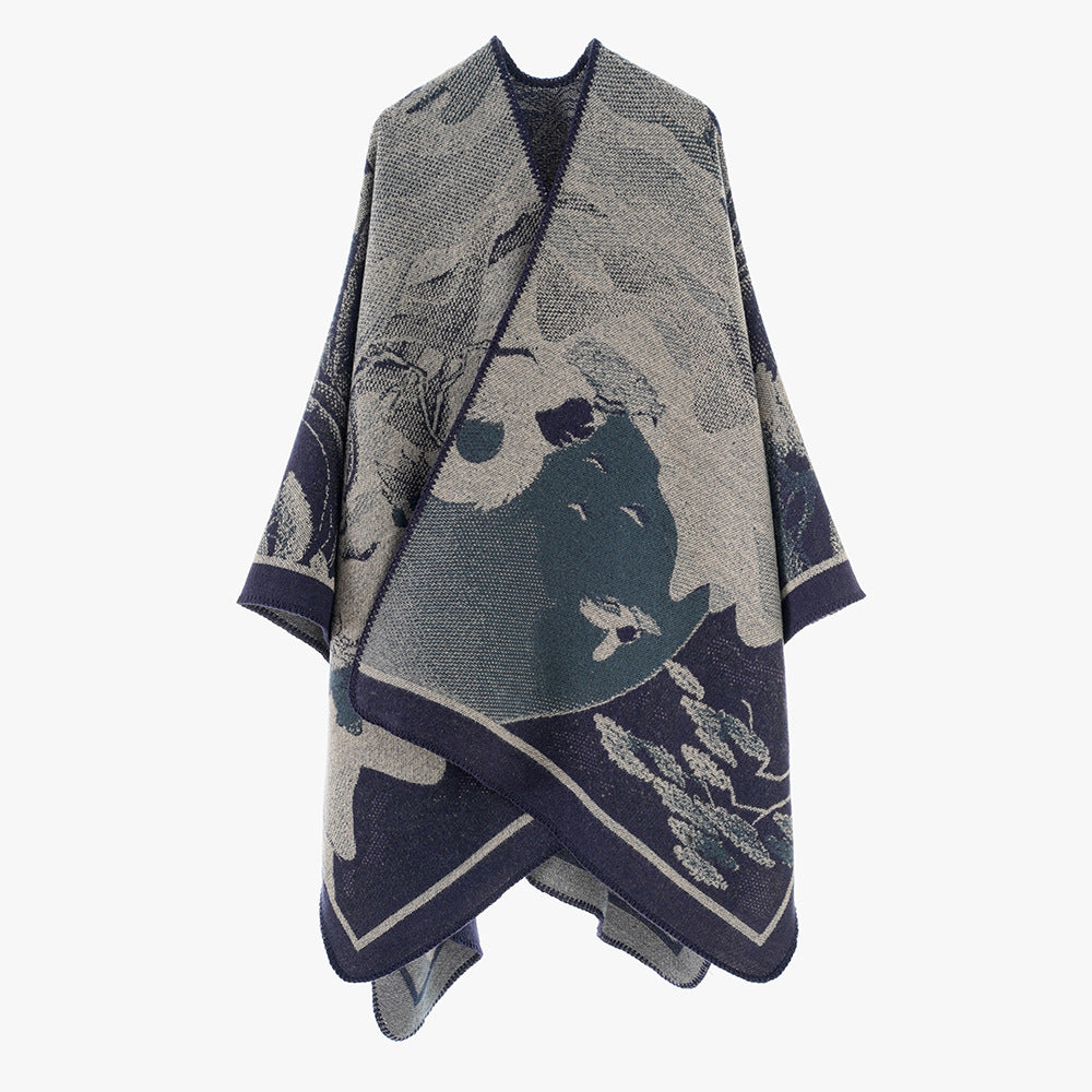 Damen Jacquard-Cape mit grafischem Blumenmotiv und kastigem Oversize-Schnitt – Avérine
