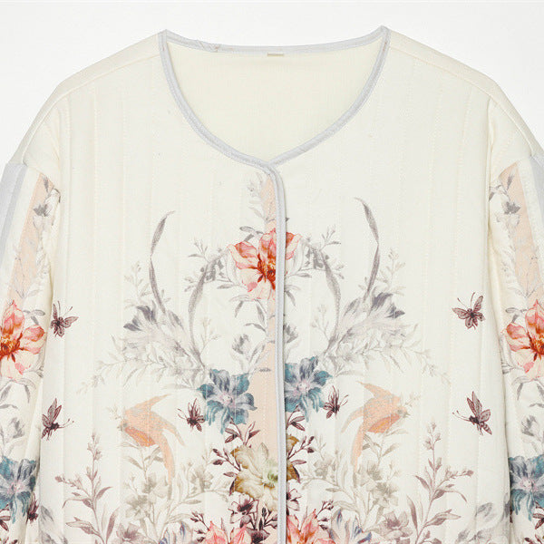 Damen gesteppte Blumen-Cardiganjacke mit Rundhals, leichter Wattierung und durchgehender Druckknopfleiste – Célinea