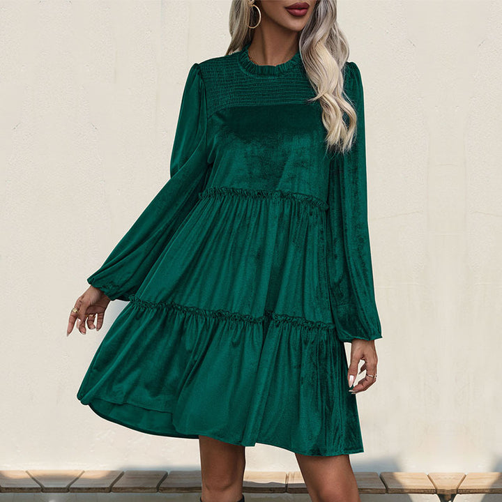 Damen Samtkleid mit Stufenrock, Raffung und Stehkragen Echoarchiv
