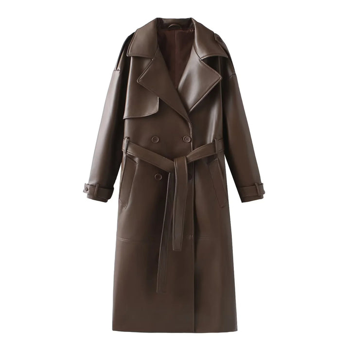 Damen taillierter veganer Trenchcoat aus Lederimitat mit Schalkragen und Bindegürtel – Montévia