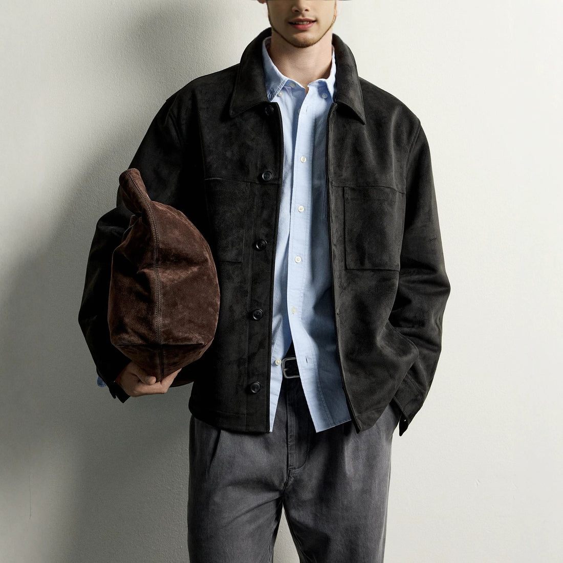 Herren Boxy-Overshirt aus Velourslederimitat mit aufgesetzten Pattentaschen Echo Archiv
