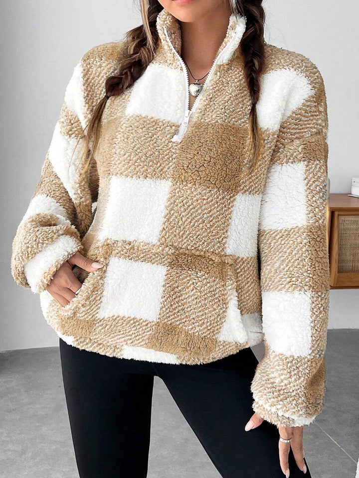 Damen nan kuscheliger Sherpa-Pullover mit Stehkragen, Half-Zip und Kängurutasche Echo Archiv