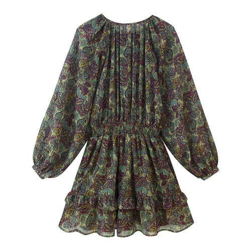 Damen gerafftes Paisley-Minikleid mit Smok-Taille, Volantstufen und Ballonärmeln – Élara