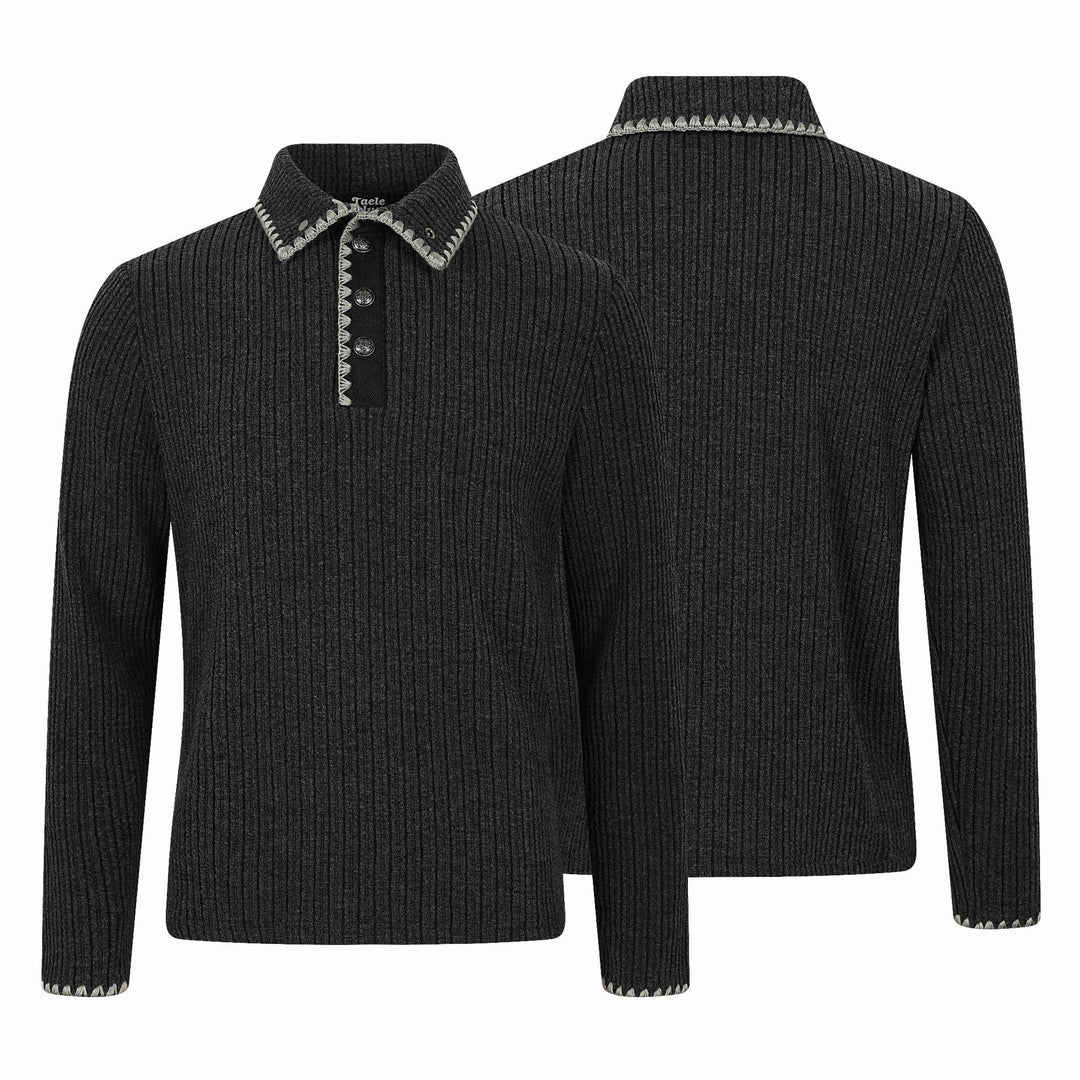 Herren Gerippter Polokragen-Pullover mit Ziernaht und Knopfleiste Echoarchiv