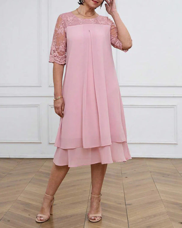 Damen nan A-Linien-Chiffonkleid mit floral bestickter Spitzenpasse, verdeckter Mittelnahtfalte und mehrlagigem Volant Echo Archiv