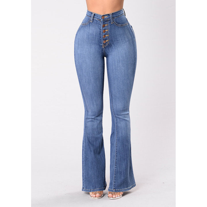 Damen nan Highwaist-Jeans mit ausgestelltem Schlag, taillierter Passform und dekorativer Knopfleiste Echo Archiv