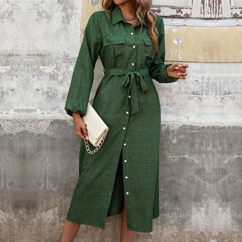Damen Elegantes Hemdkleid mit Taillengürtel und Knopfdetails Echo Archiv