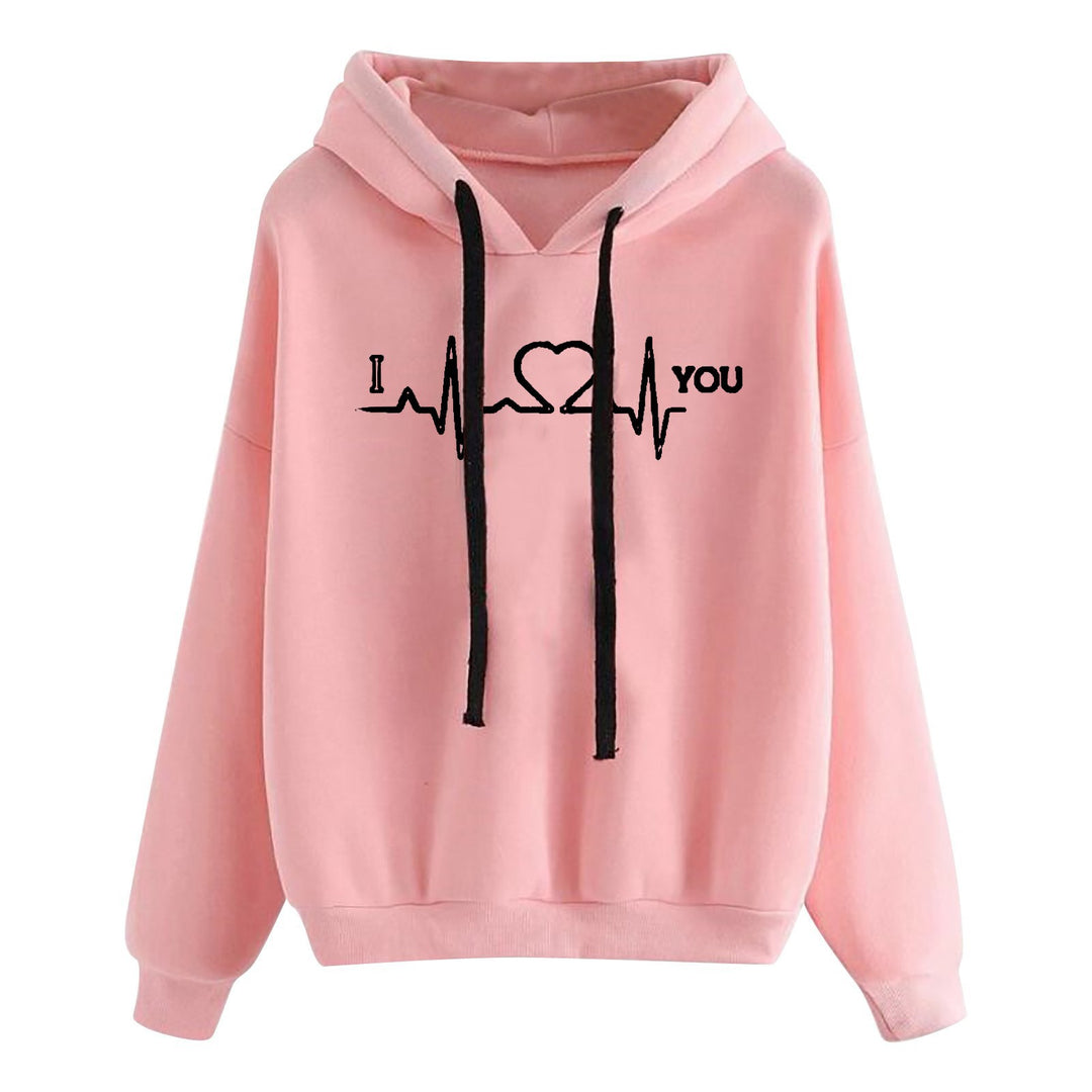 Damen leichter Oversize Kapuzenpullover mit Herz‑EKG‑Motiv, langen Kordeln und elastischem Bund – Auréline