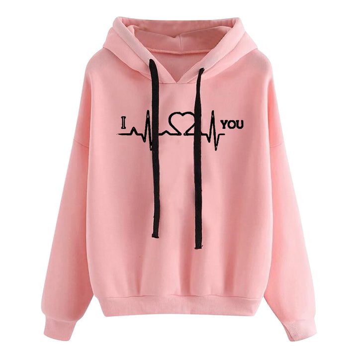 Damen leichter Oversize Kapuzenpullover mit Herz‑EKG‑Motiv, langen Kordeln und elastischem Bund – Auréline