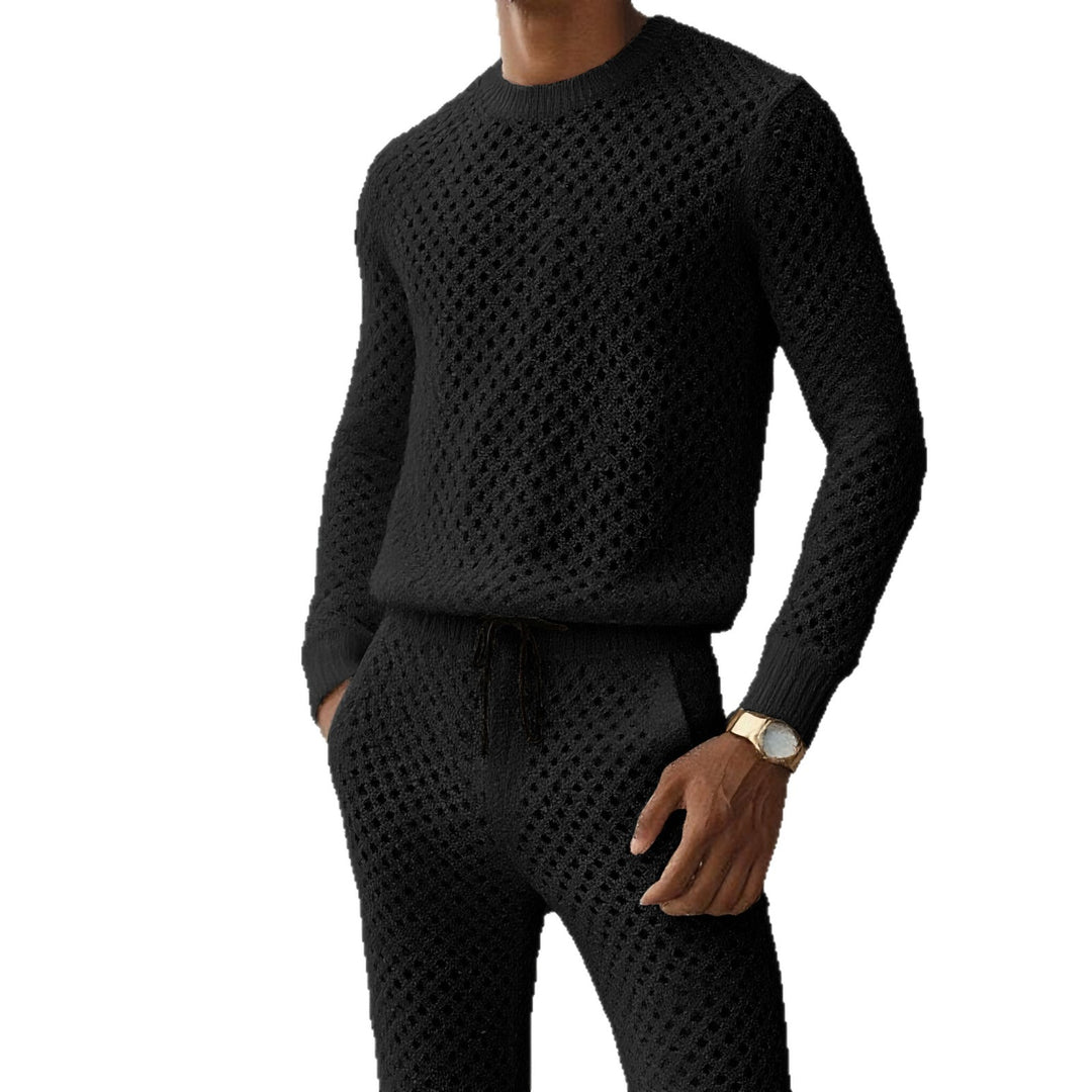 Herren Strukturstrick-Pullover mit feinmaschigem Lochmuster und Rundhals Echoarchiv