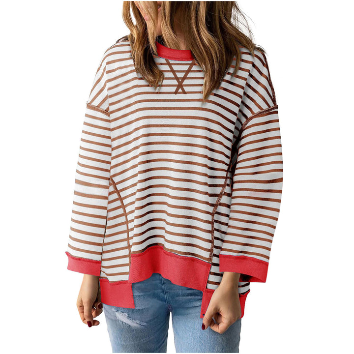 Damen nan oversized gestreifter Sweatshirtpullover mit kontrastsaum, überschnittener Schulter und seitlichen Schlitzen Echo Archiv