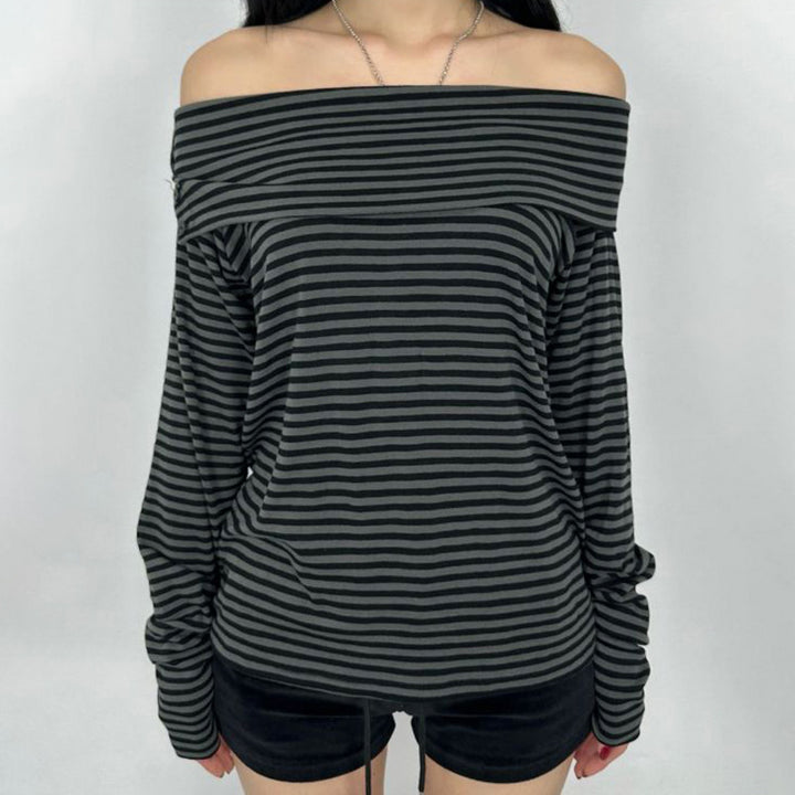 Damen nan schulterfreies Langarmshirt mit Carmen-Ausschnitt, taillierter Passform und feinem Streifenmuster Echo Archiv