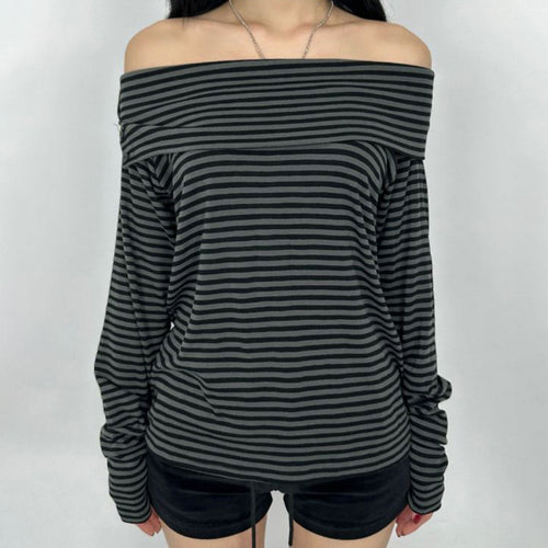 Damen nan schulterfreies Langarmshirt mit Carmen-Ausschnitt, taillierter Passform und feinem Streifenmuster Echo Archiv