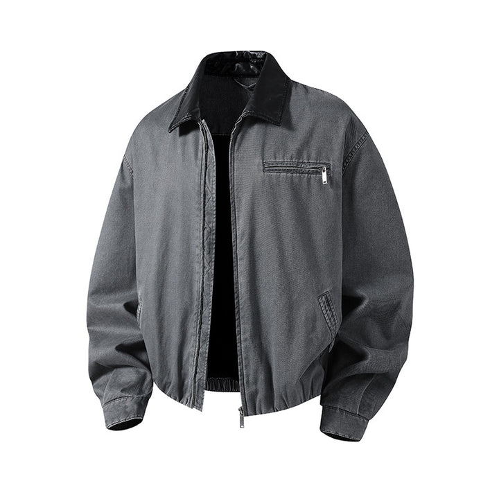 Herren Boxy-Denim-Überhemdjacke mit Lederkragen, Brusttasche mit Reißverschluss & elastischem Saum Echoarchiv