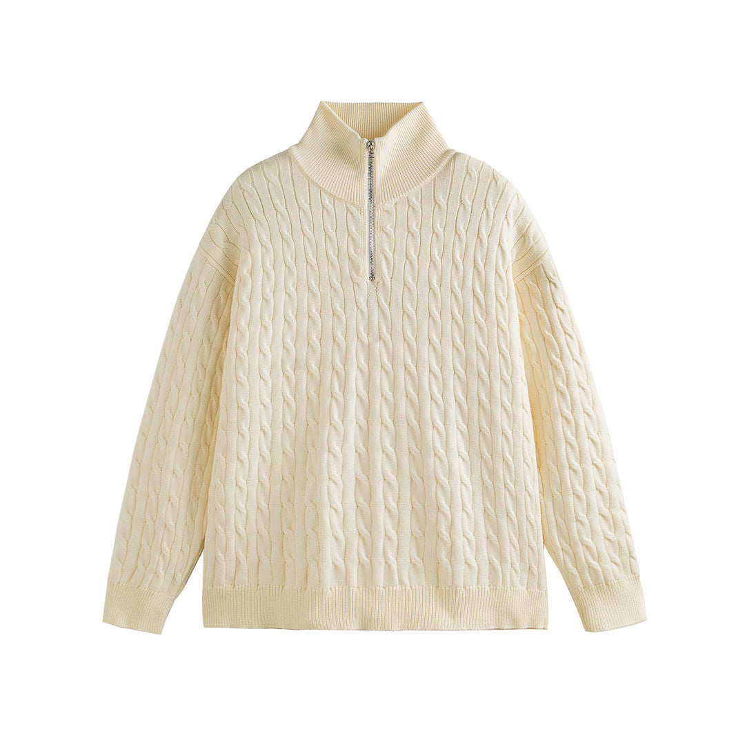 Unisex Grobgestrickter Zopfmuster-Pullover mit Halbzip und hohem Rippkragen Echoarchiv