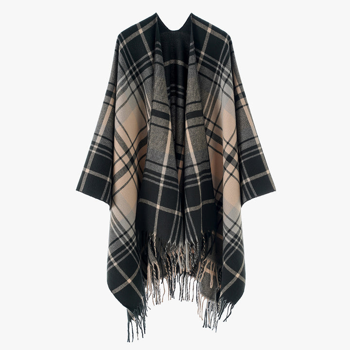 Damen Cape‑Poncho im Oversize‑Deckenstil mit tartanartigem Karomuster und Fransensaum – Avérine