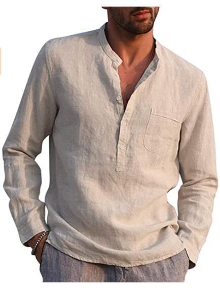 Herren Leinenhemd mit klassischem Henley-Ausschnitt und Brusttasche Echoarchiv