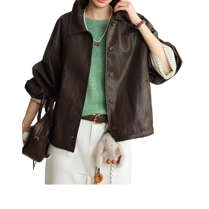 Damen Moderne Lederjacke mit gestreiften Manschetten Echoarchiv