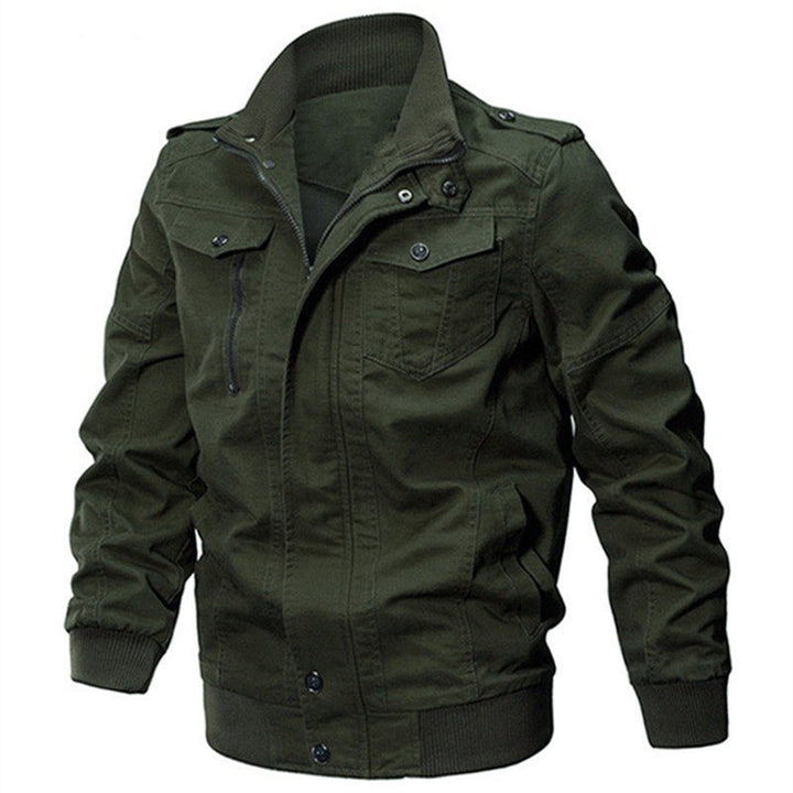 Herren Militärisch inspirierte Canvas-Übergangsjacke mit Stehkragen und Epauletten Echoarchiv