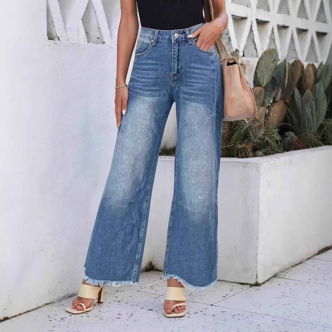 Damen weite Denim-Jeans mit kreativem Muster und fransigem Saum Echo Archiv