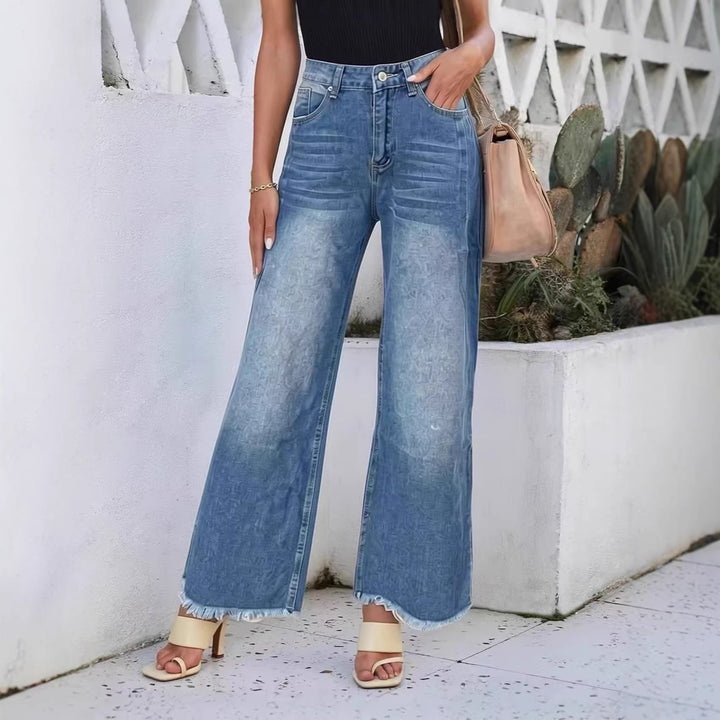 Damen weite Denim-Jeans mit kreativem Muster und fransigem Saum Echo Archiv