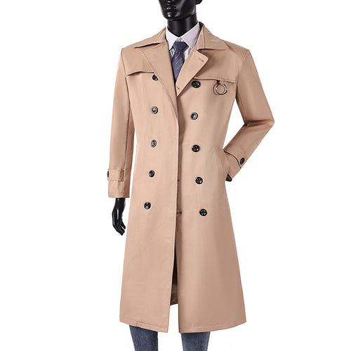 Herren Doppelreihiger Trenchcoat mit Taillierung, Reverskragen und dekorativem Metallring Echoarchiv